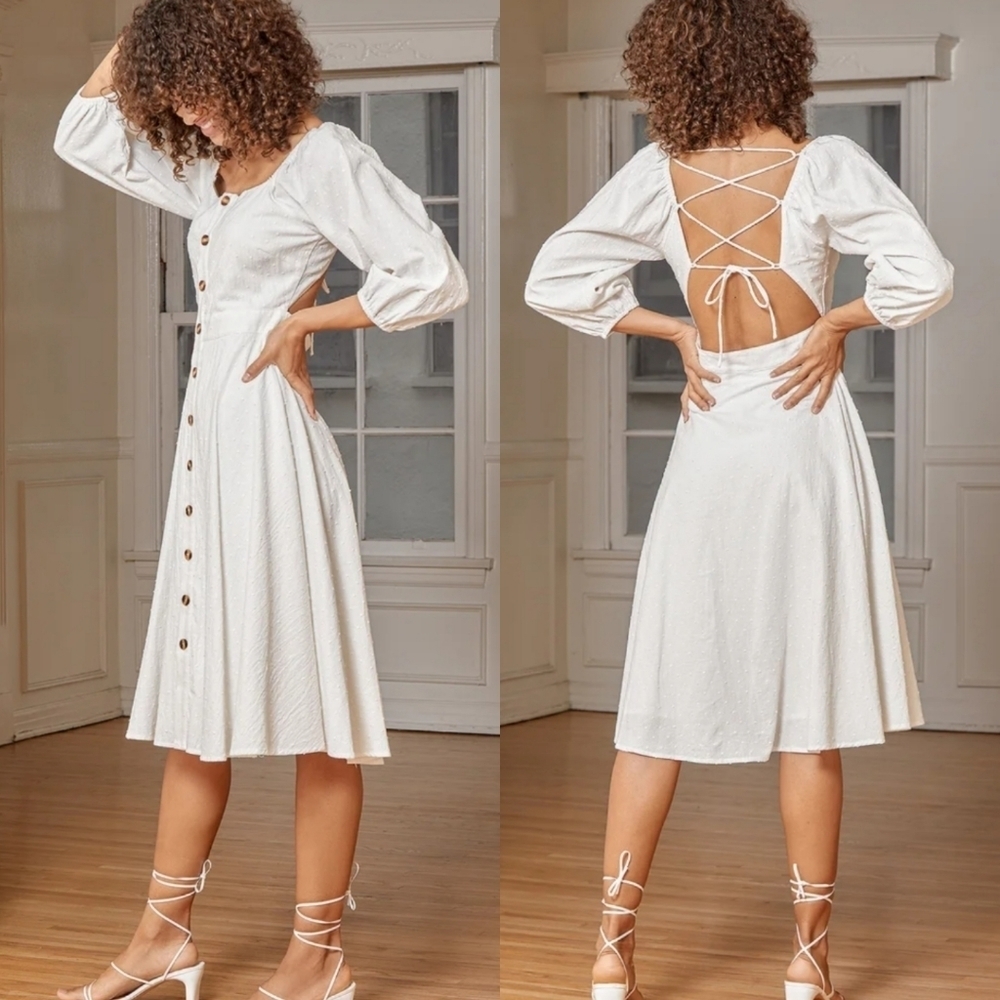 Lulus Happiest With You White Lace Up Button Front Midi Dress NWT Size XL